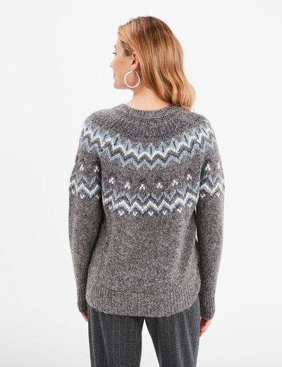 Pull jacquard col rond manches longues gris femme