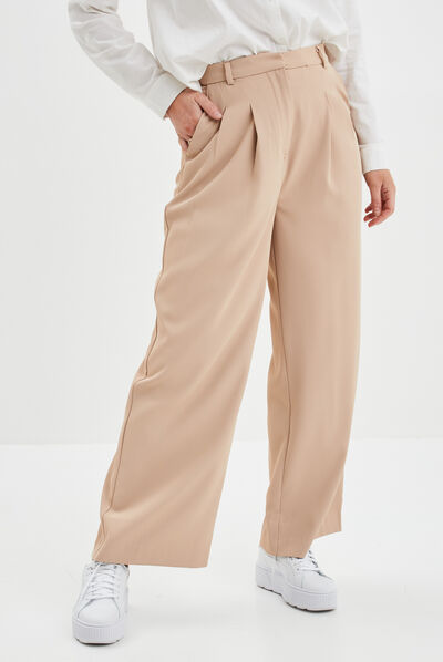 Pantalon city wide leg à pinces sable femme