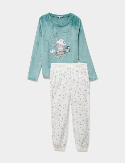 Ensemble pyjama pantalon effet velours bleu gris femme