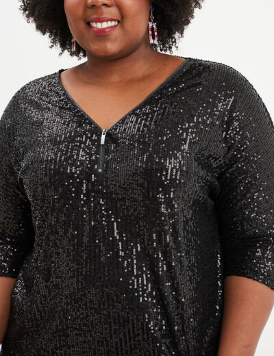 T-shirt sequins manches courtes noir femme grande taille
