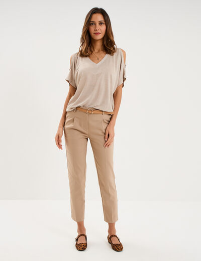Pantalon cigarette &agrave; ceinture amovible marron femme