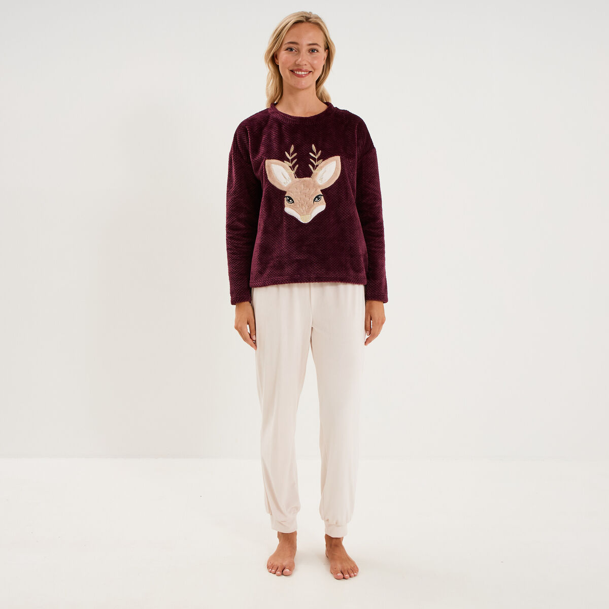 Ensemble pyjama pantalon polaire prune femme