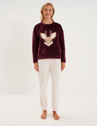 Ensemble pyjama pantalon polaire prune femme