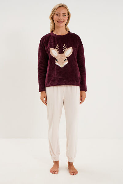 Ensemble pyjama pantalon polaire prune femme