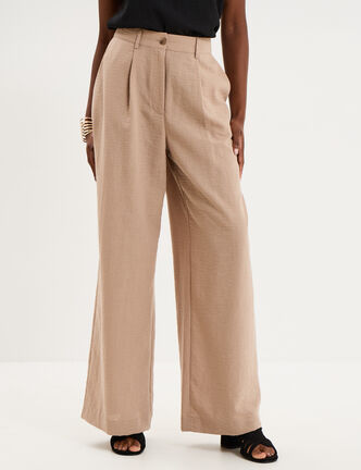 Pantalon large &agrave; pinces taille haute marron femme