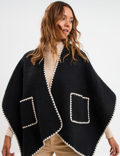 Poncho avec liser&eacute;s contrast&eacute;s noir femme