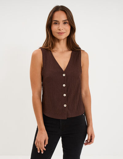 Veston gaufr&eacute; ajust&eacute; boutonn&eacute; col en V marron fonc&eacute; femme
