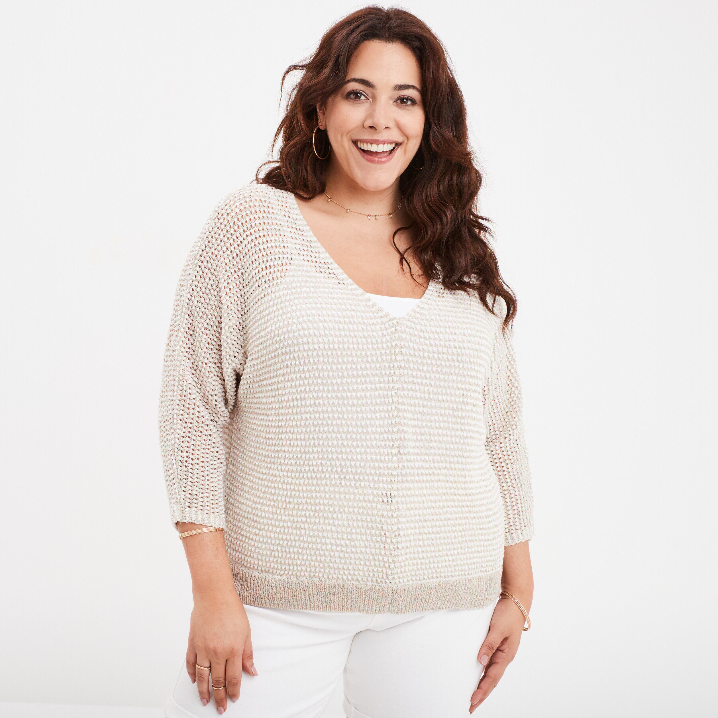 Pull col en V ajouré ecru femme grande taille MODAVISTA
