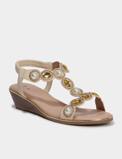 Sandales compens&eacute;es 5 cm d&eacute;tails bijoux blanc femme