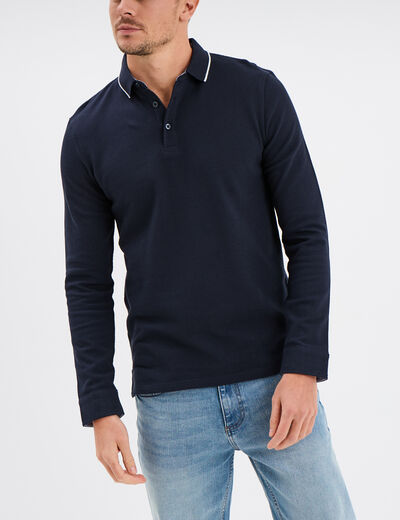 Polo droit manches longues coton bleu foncé homme