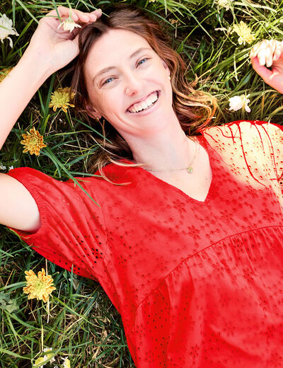 Robe broderie anglaise manches 3/4 rouge femme