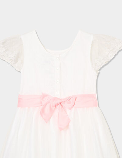 Robe longue tulle brodée avec ceinture ivoire fille