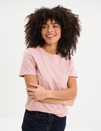 T-shirt col rond manches courtes coton mauve femme