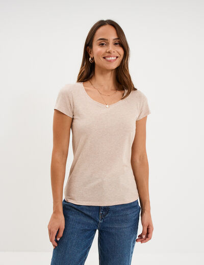 T-shirt coton col rond manches courtes beige femme
