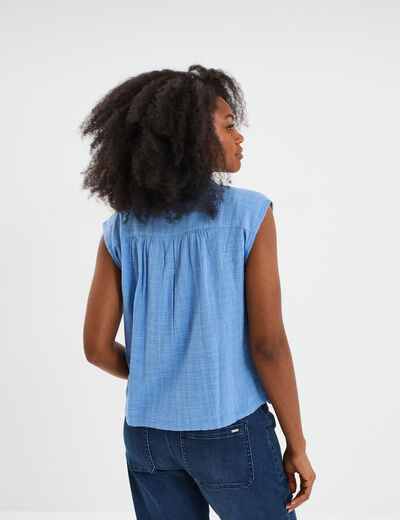Blouse col tunisien sans manches coton bleu clair femme