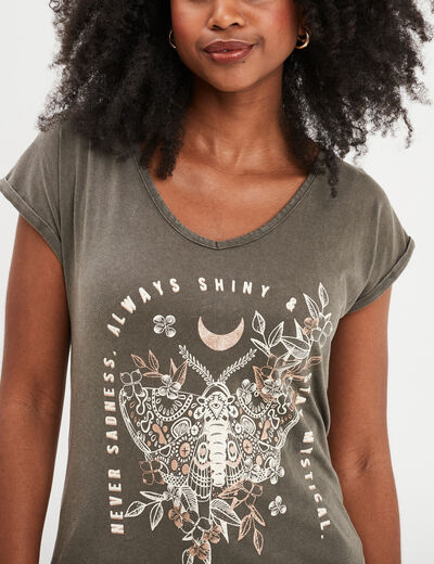 T-shirt coton col en V manches courtes vert kaki femme