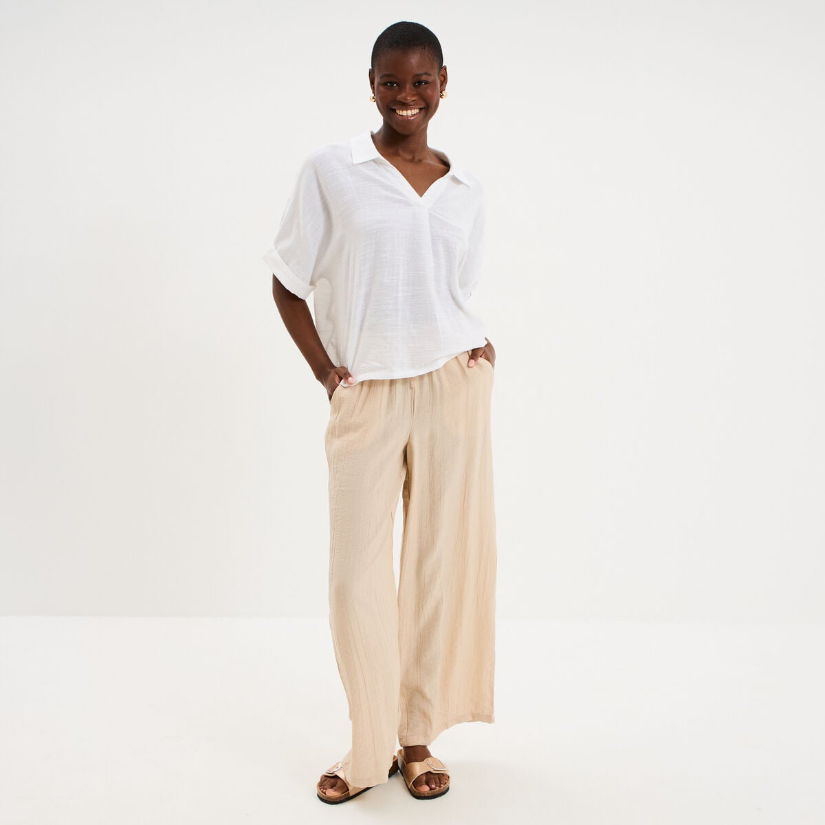 Pantalon large fluide taille &eacute;lastiqu&eacute;e beige femme