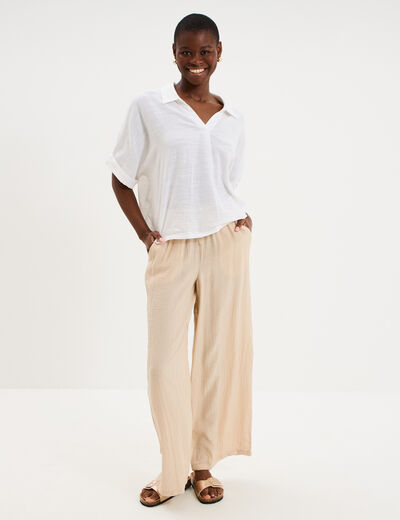 Pantalon large fluide taille &eacute;lastiqu&eacute;e beige femme