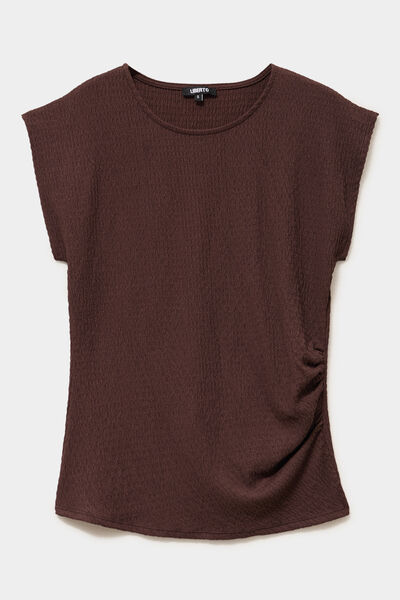 T-shirt fronc&eacute; gaufr&eacute; manches courtes marron fonc&eacute; femme