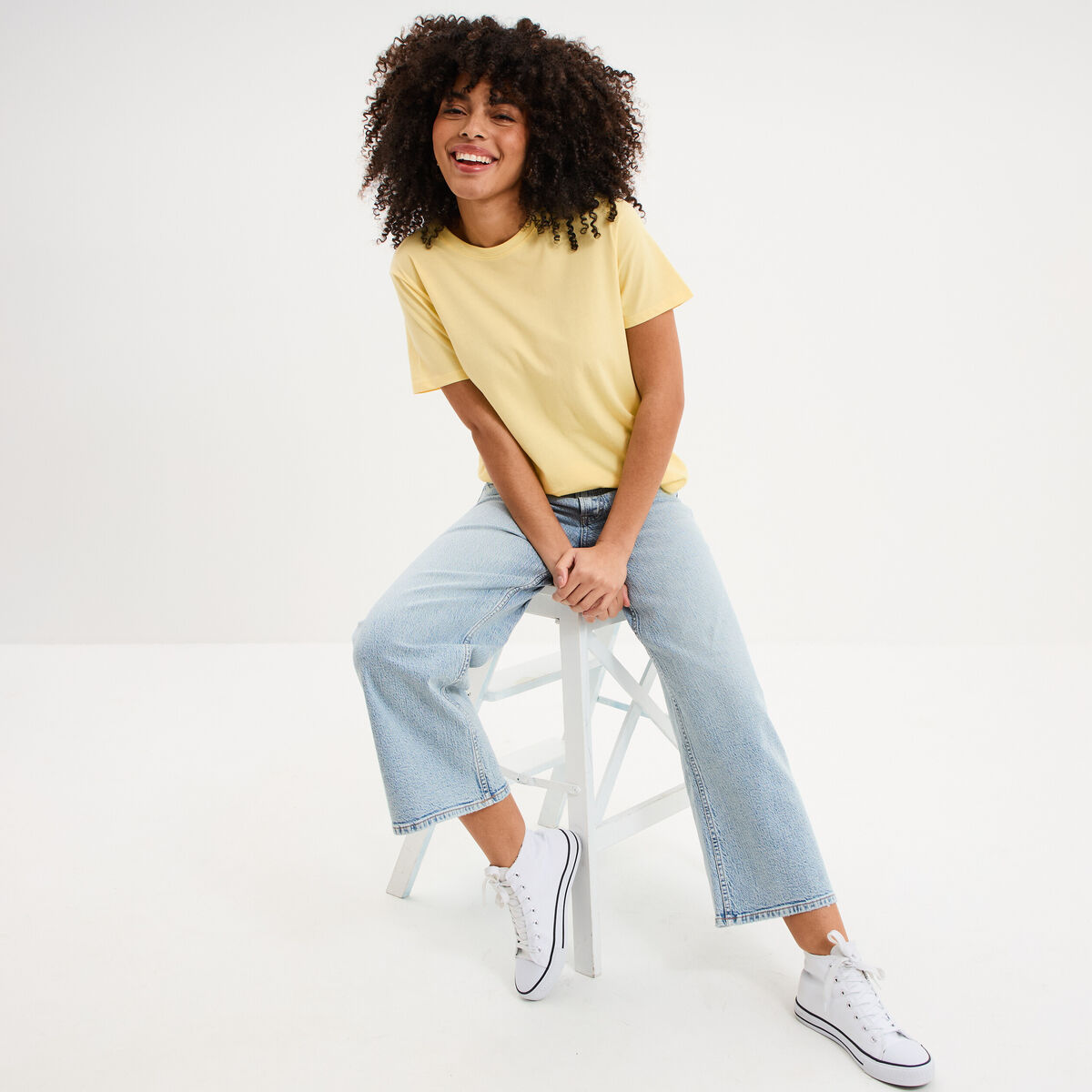 T-shirt col rond manches courtes coton jaune pastel femme