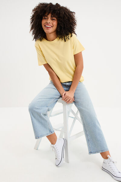 T-shirt col rond manches courtes coton jaune pastel femme