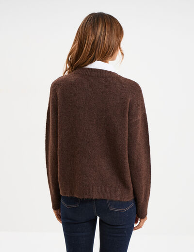 Pull 2-en-1 col chemise manches longues marron fonc&eacute; femme