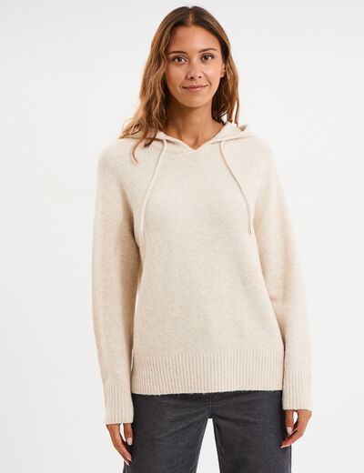 Pull &agrave; capuche manches longues ecru femme