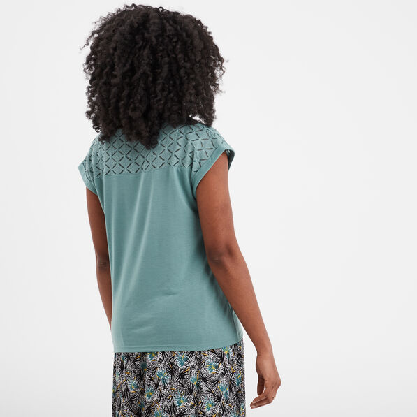 T-shirt col en V dentelle épaules et dos bleu gris femme
