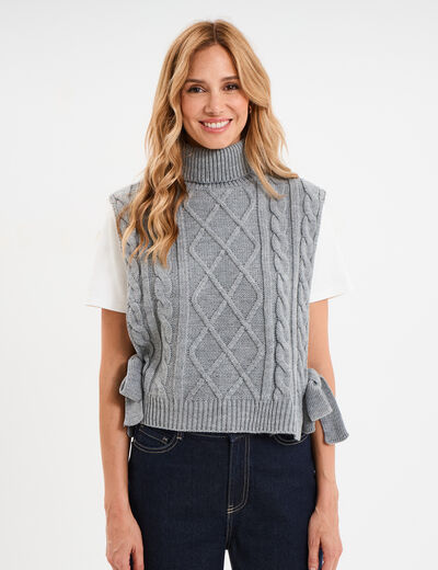 Pull poncho col roul&eacute; sans manches gris femme