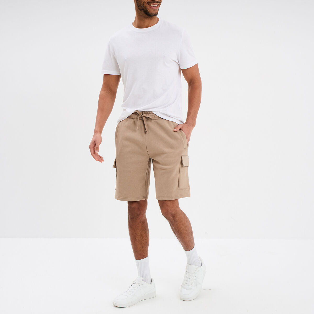 Bermuda cargo molleton taille &eacute;lastiqu&eacute;e taupe homme