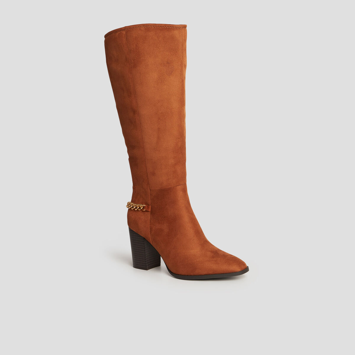 Bottes hautes détails chaînes à talons marron cognac femme