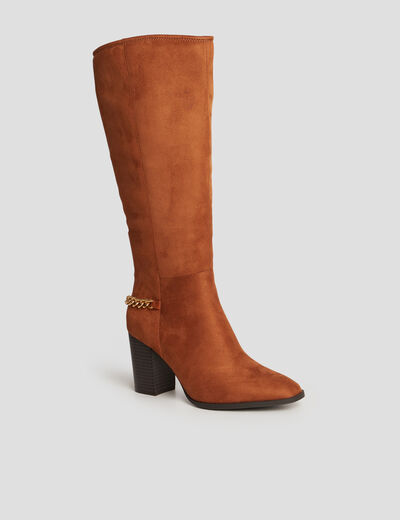 Bottes hautes détails chaînes à talons marron cognac femme