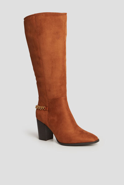 Bottes hautes détails chaînes à talons marron cognac femme