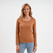 T-shirt coton col rond manches longues marron clair femme