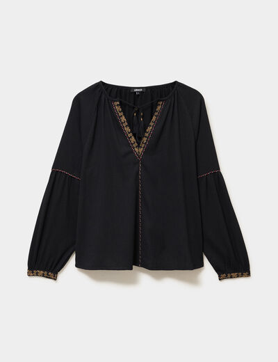 Blouse droite col tunisien avec pompons noir femme