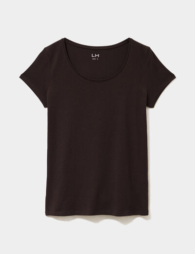 T-shirt coton col rond manches courtes marron fonc&eacute; femme