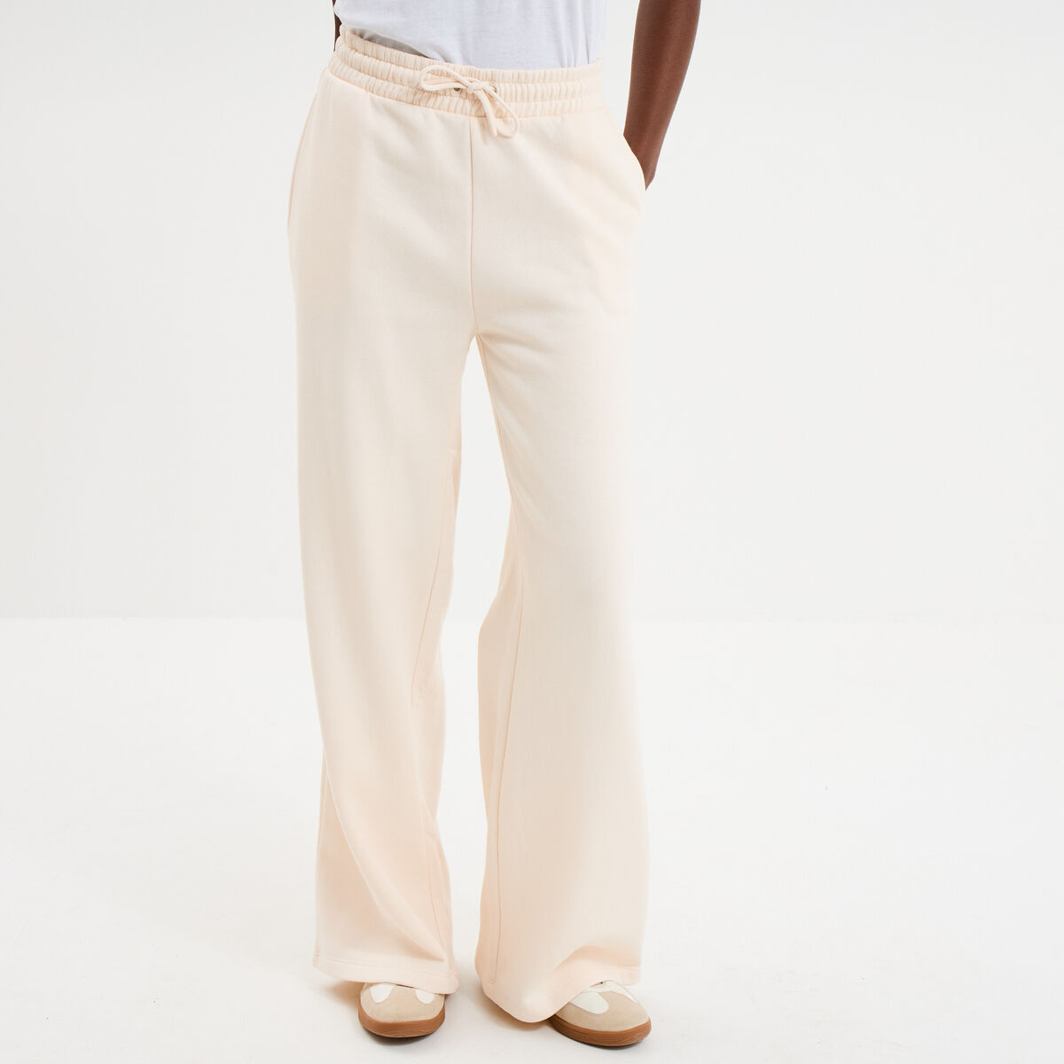 Pantalon jogging large taille &eacute;lastiqu&eacute;e beige femme