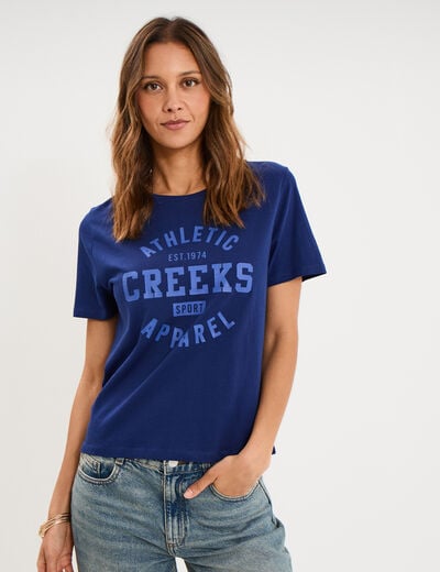 T-shirt col rond manches courtes bleu fonc&eacute; femme