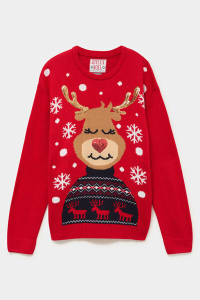 Pull de No&euml;l &agrave; sequins manches longues rouge femme
