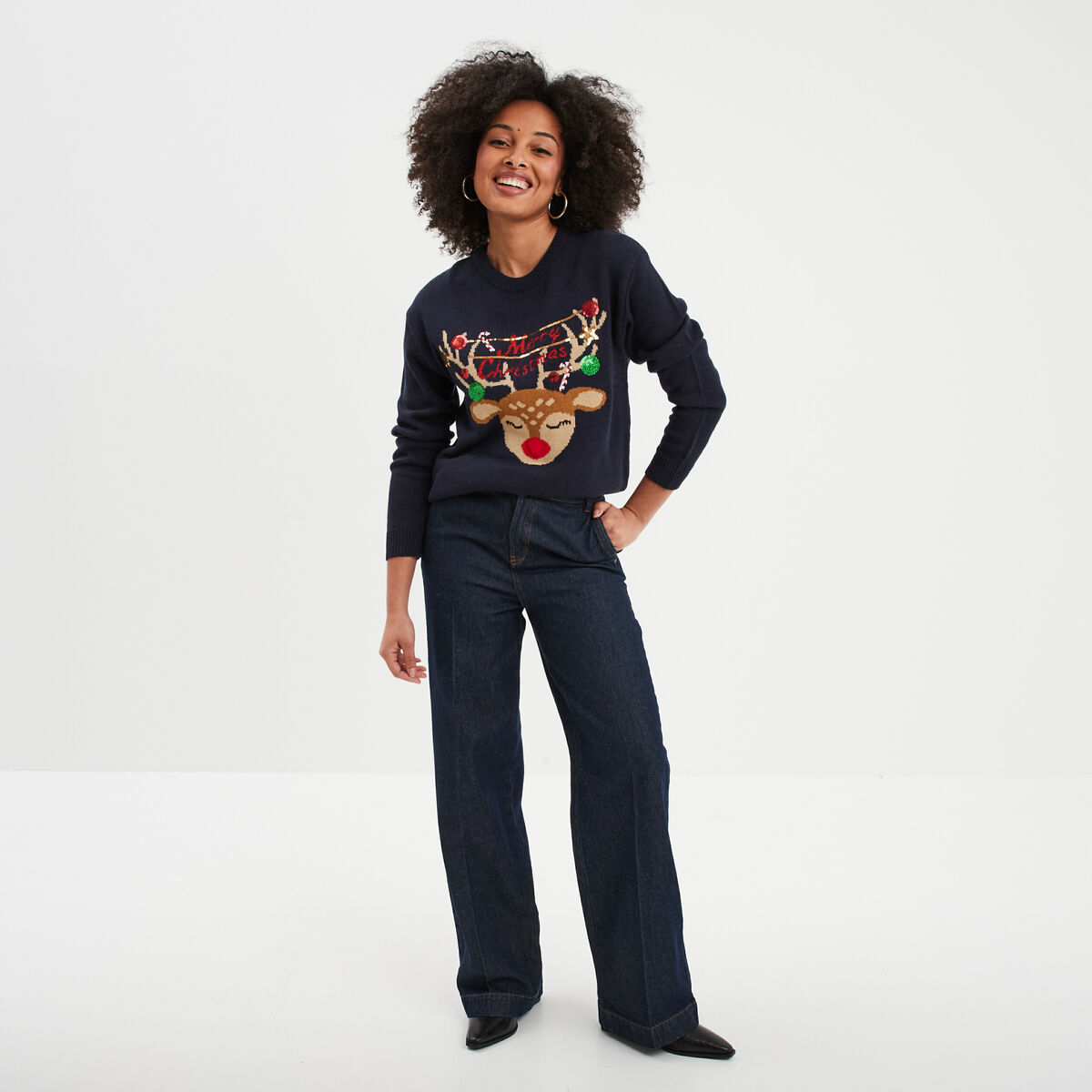 Pull No&euml;l &agrave; sequins col rond lumineux bleu marine femme