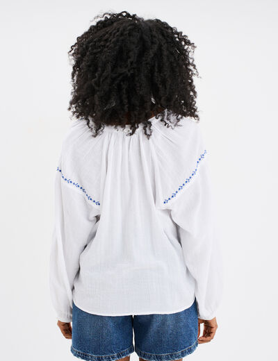 Blouse brodée manches longues coton blanc femme