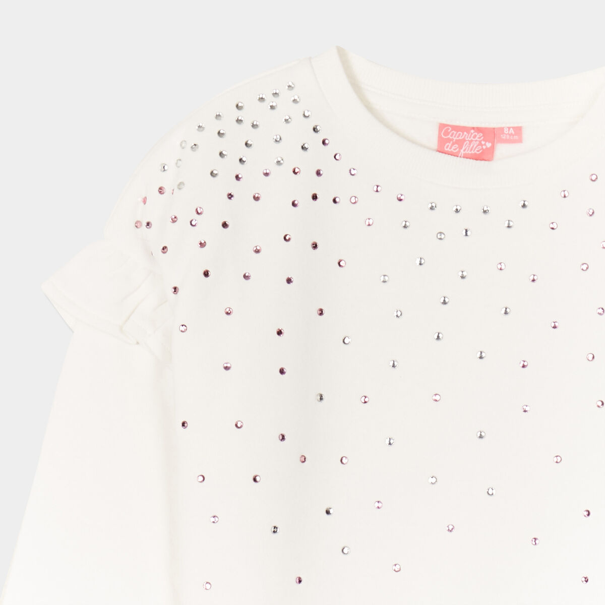 Sweat strass et volants manches longues ivoire fille
