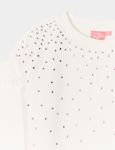 Sweat strass et volants manches longues ivoire fille