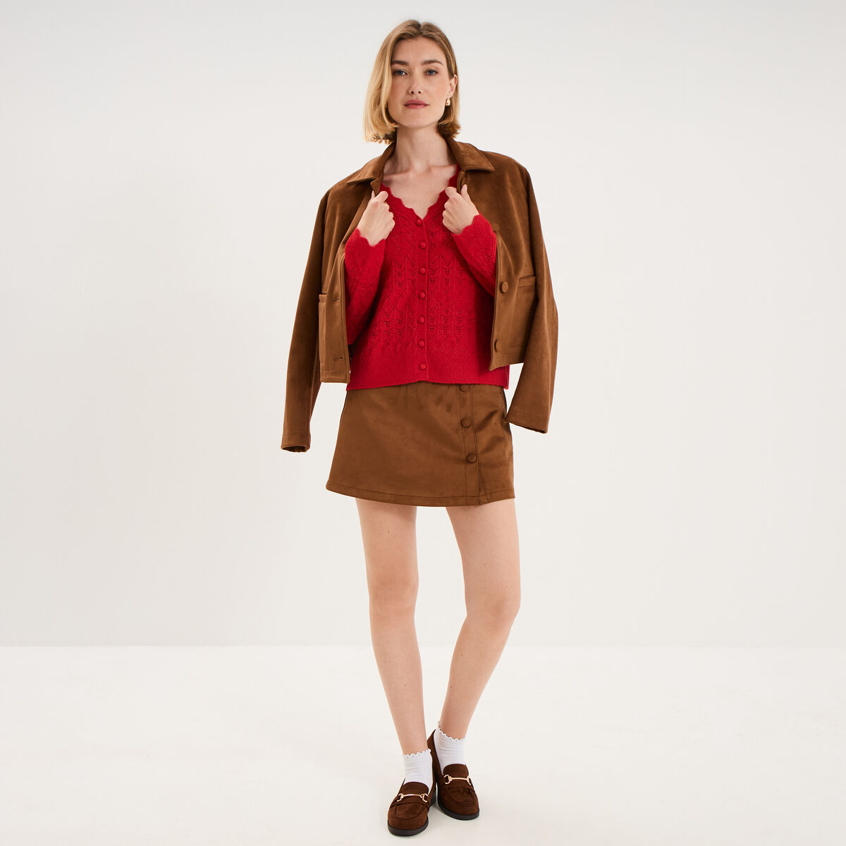 Gilet ajour&eacute; col V manches longues rouge femme