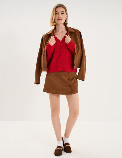 Gilet ajour&eacute; col V manches longues rouge femme