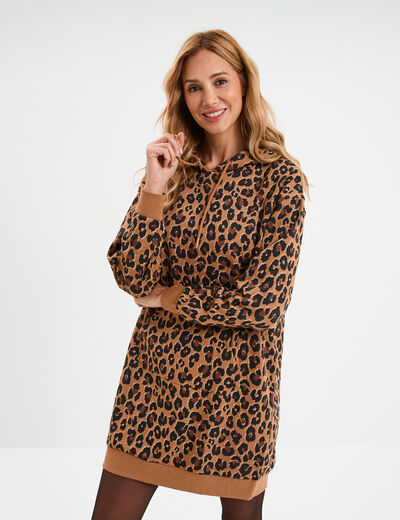 Robe sweat &agrave; capuche camel femme