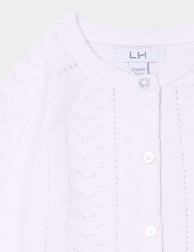 Gilet col rond détails ajourés coton blanc bébé fille
