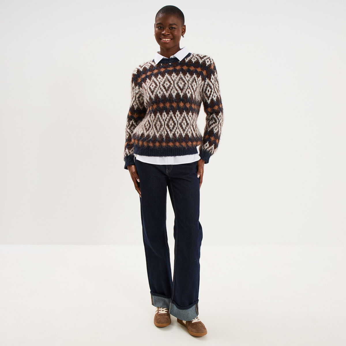 Pull manches longues col rond marron femme