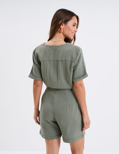 Combishort ceinturée en gaze de coton vert kaki femme