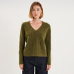 Pull col V ajour&eacute; manches longues vert olive femme